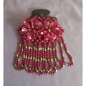 Pink Floral Hair Clip Barrette With Beaded Tassels